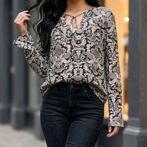 Mossimo 100% Silk Blouse Small Black White Floral Paisley Boho Y2K Minimalist
